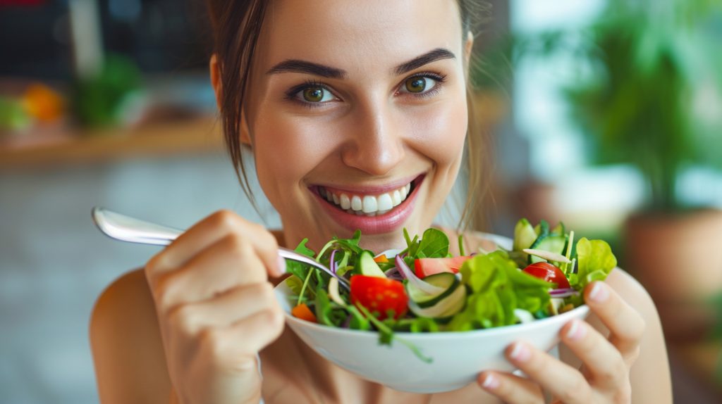 front view woman with healthy food scaled