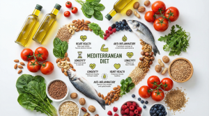 Mediterranean diet ingredients arranged in a heart shape symbolizing health benefits