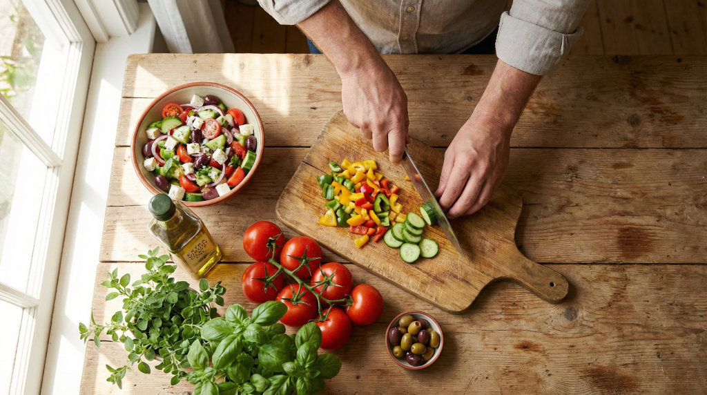 Person preparing a Mediterranean diet meal with fresh vegetables and olive oil