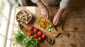 Person preparing a Mediterranean diet meal with fresh vegetables and olive oil