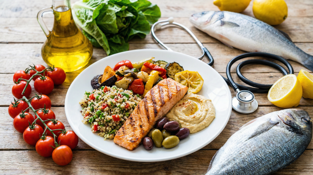 Healthy Mediterranean meal with salmon, quinoa, and vegetables next to a stethoscope