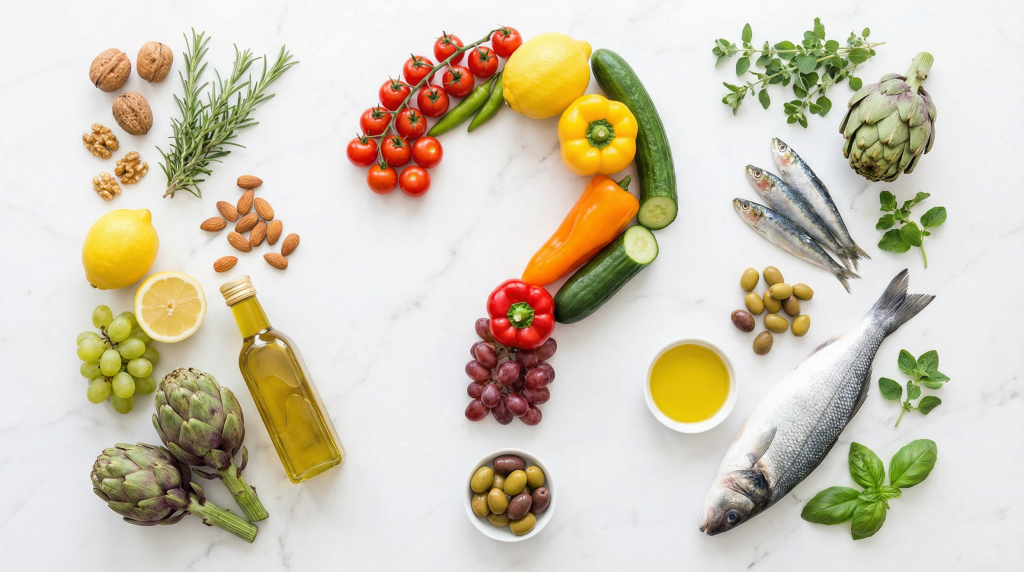 Mediterranean diet ingredients arranged in a question mark shape
