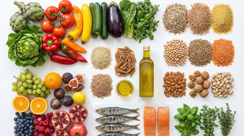 Comprehensive Mediterranean diet food list with vegetables, fruits, grains, fish, and nuts