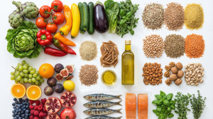 Comprehensive Mediterranean diet food list with vegetables, fruits, grains, fish, and nuts