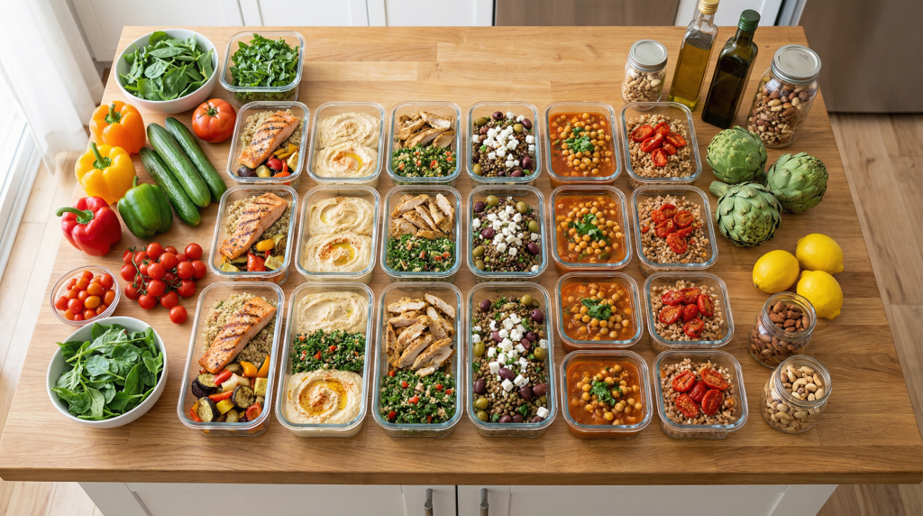 Mediterranean diet meal prep containers with colorful prepared meals