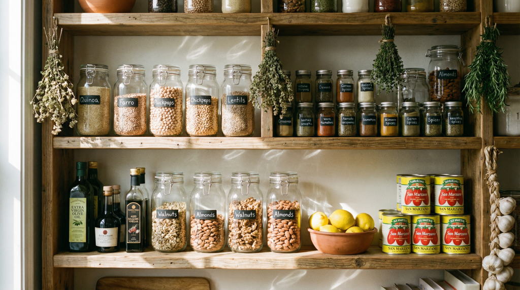 Well-organized Mediterranean diet pantry with glass jars of grains, legumes, and spices