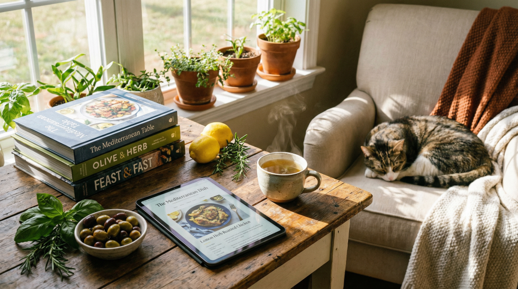 Mediterranean diet cookbooks and tablet showing food blog in a cozy reading nook