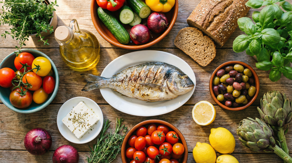 Mediterranean diet food spread with fish, olive oil, vegetables, and whole grains